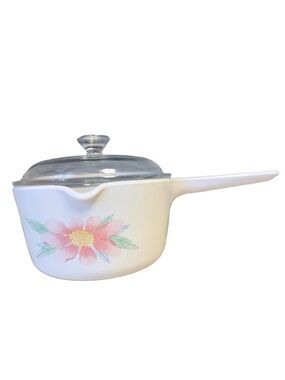 Vintage Corningware pink peony sauce pan with spout 1L Pyrex lid, discontinued
